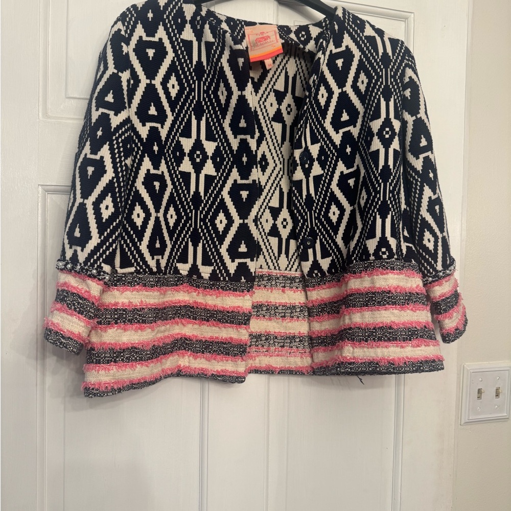 Navy, pink and off White Geometric Patterned Jacket